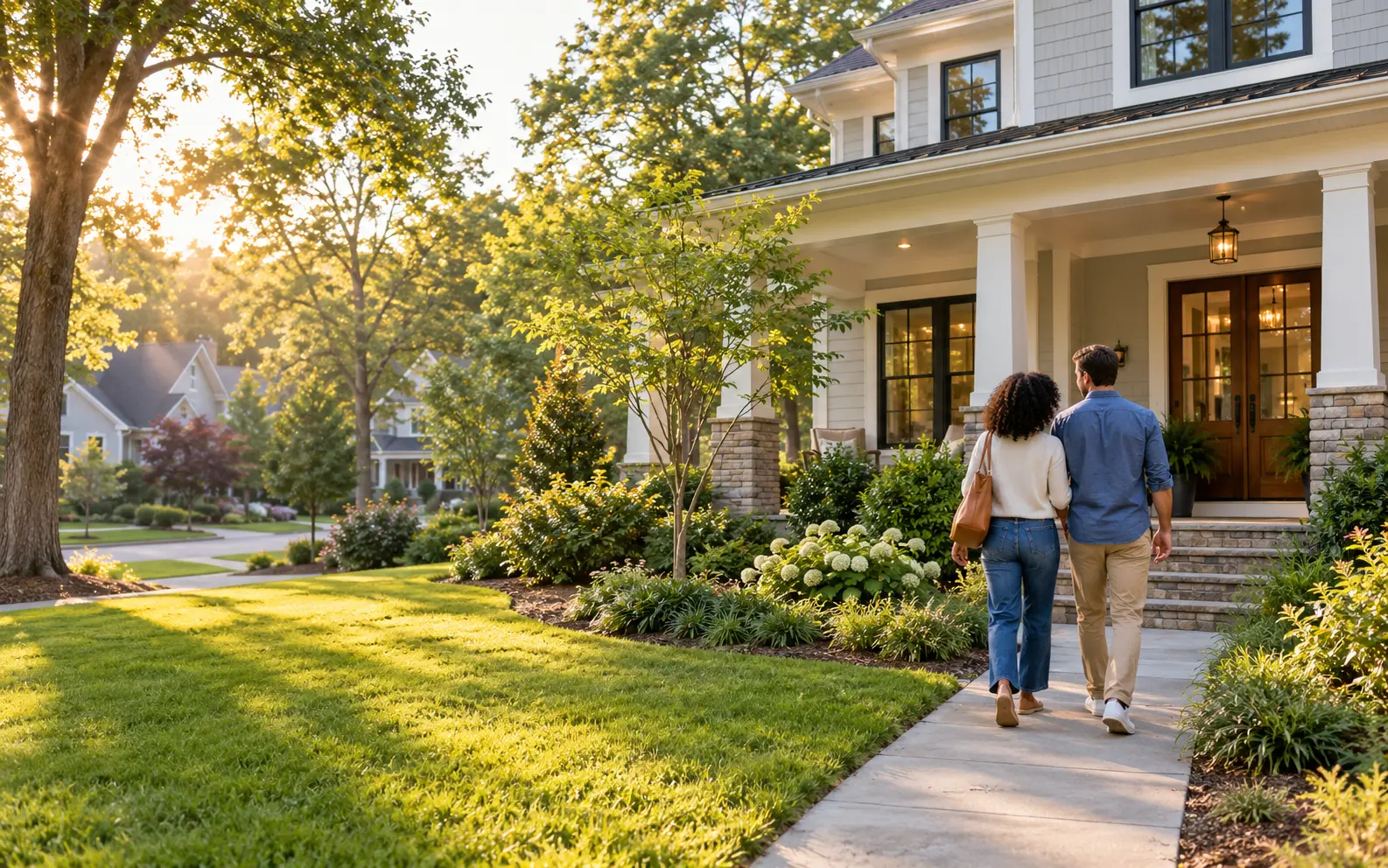 Homebuyers walking toward a welcoming North Carolina home
